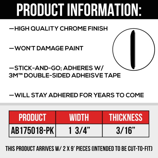 All Brite Truck Molding with Angled Ends Pack; Two 9' Pieces - 1 3/4” Wide, 3/16” Thick / AB175018-PK