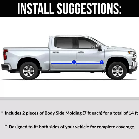 Universal Chrome Body Side Molding Trim with Angled Ends - 1” Wide - 2 x 7 Ft Pieces