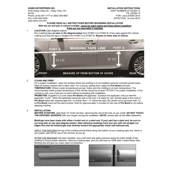 Lexus ES Painted Body Side Moldings with Chrome Inserts 2013 - 2018