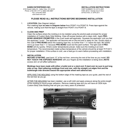 Honda Civic 4 Door Painted Body Side Moldings 2012 - 2015