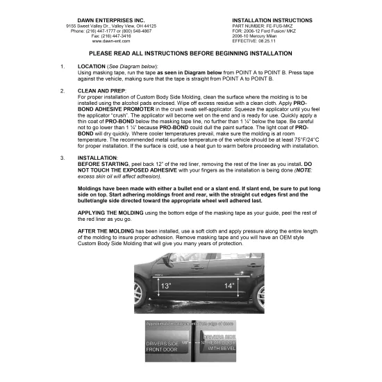 Ford Fusion Painted Body Side Moldings 2006 - 2012