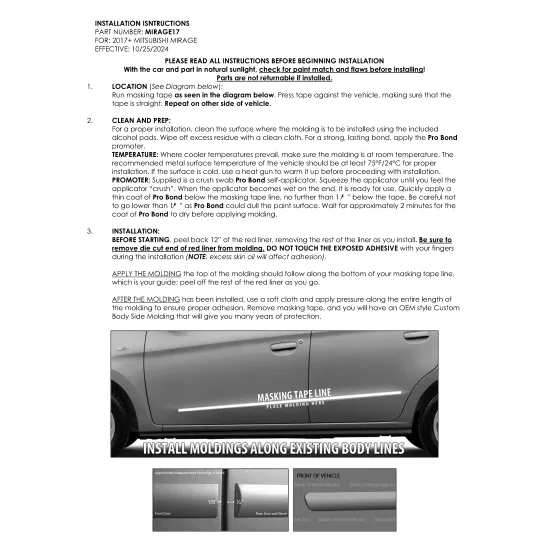 Mitsubishi Mirage Painted Body Side Moldings 2017 - 2024