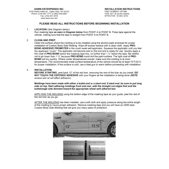 Kia Optima Painted Body Side Moldings with Chrome Inserts 2011 - 2020