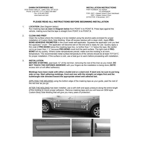 Nissan Versa 4 Door Painted Body Side Moldings 2007 - 2019