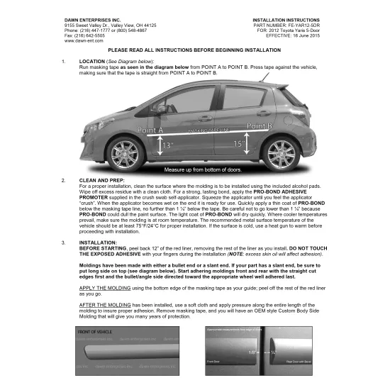 Toyota Yaris 5 Door Hatchback Painted Body Side Moldings 2012 - 2015
